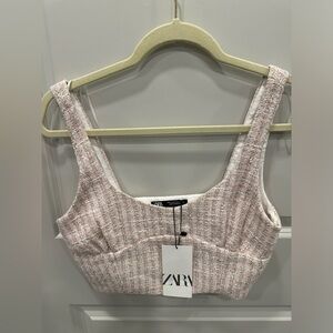 Zara Women’s Crop Top Pink/White Woven Pattern Sz S New With Tags